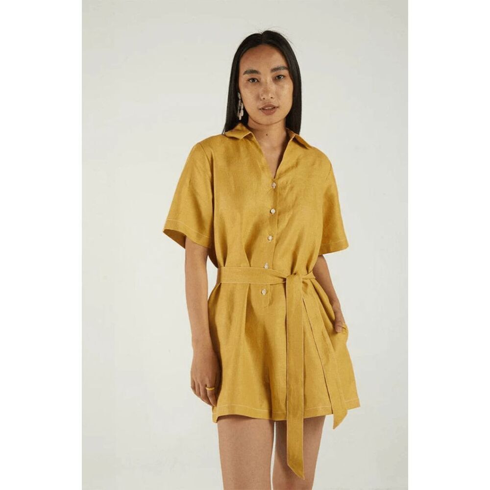 Reistor Mustard Yellow Barefoot in the Park Short Sleeve Romper Women's XL NWT